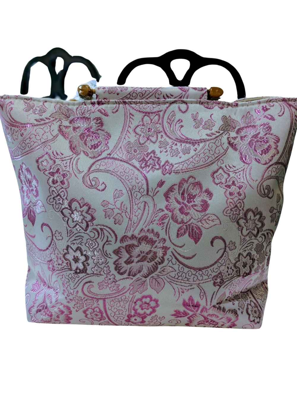 Luxury Floral Embroidered Tote Bag Genuine Bamboo Handle Brocade Boho Chic NWT - Picture 3 of 12